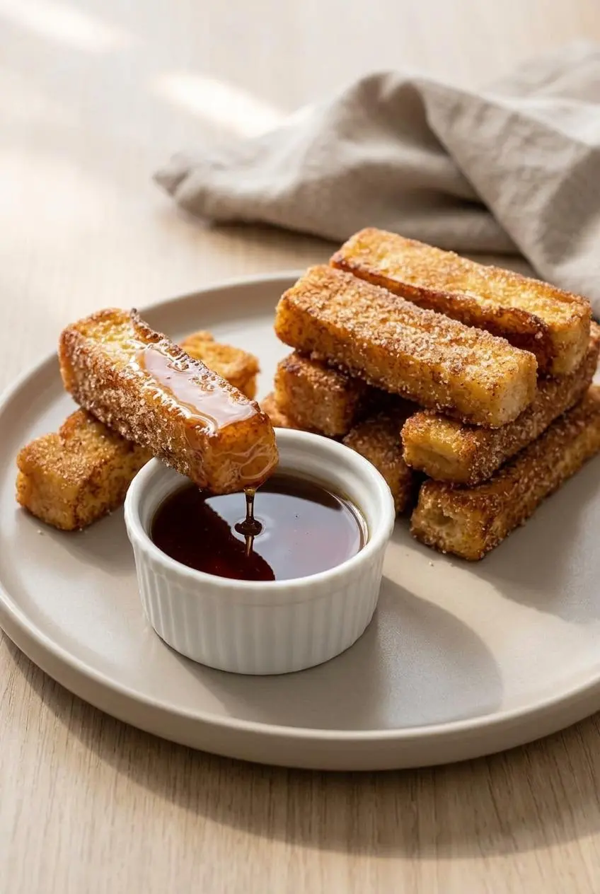 Stack of cinnamon sugar french toast sticks on a platter next to a small bowl of warm maple syrup.