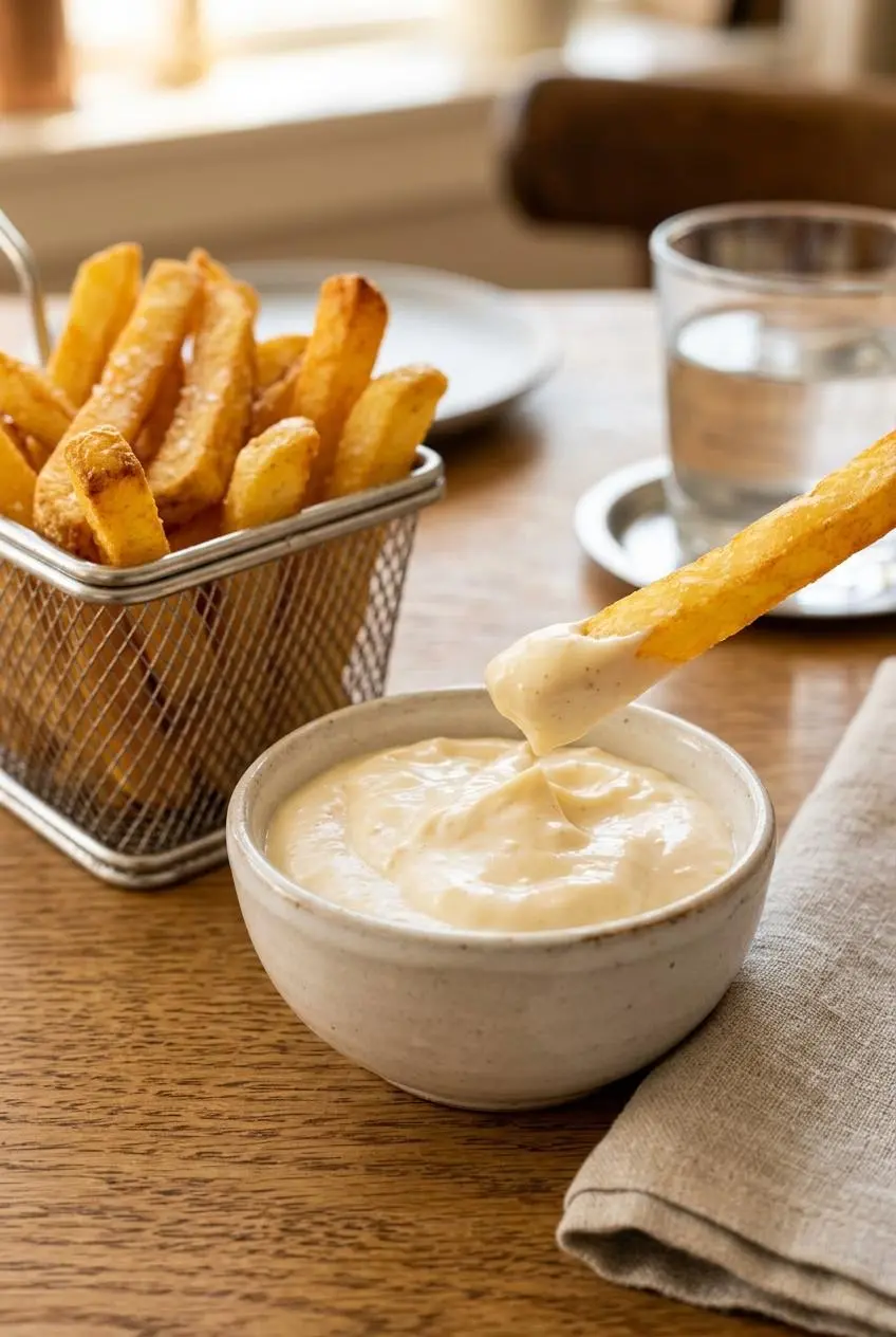 Golden crispy french fry dipped into a small bowl of thick homemade garlic aioli.