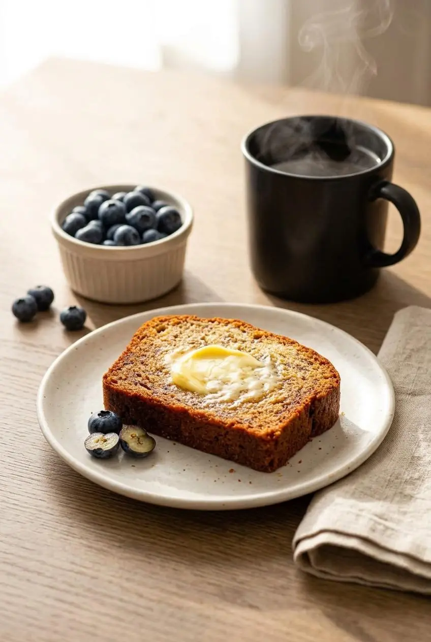 Warm slice of banana bread with melting butter on a ceramic plate beside fresh berries and coffee.