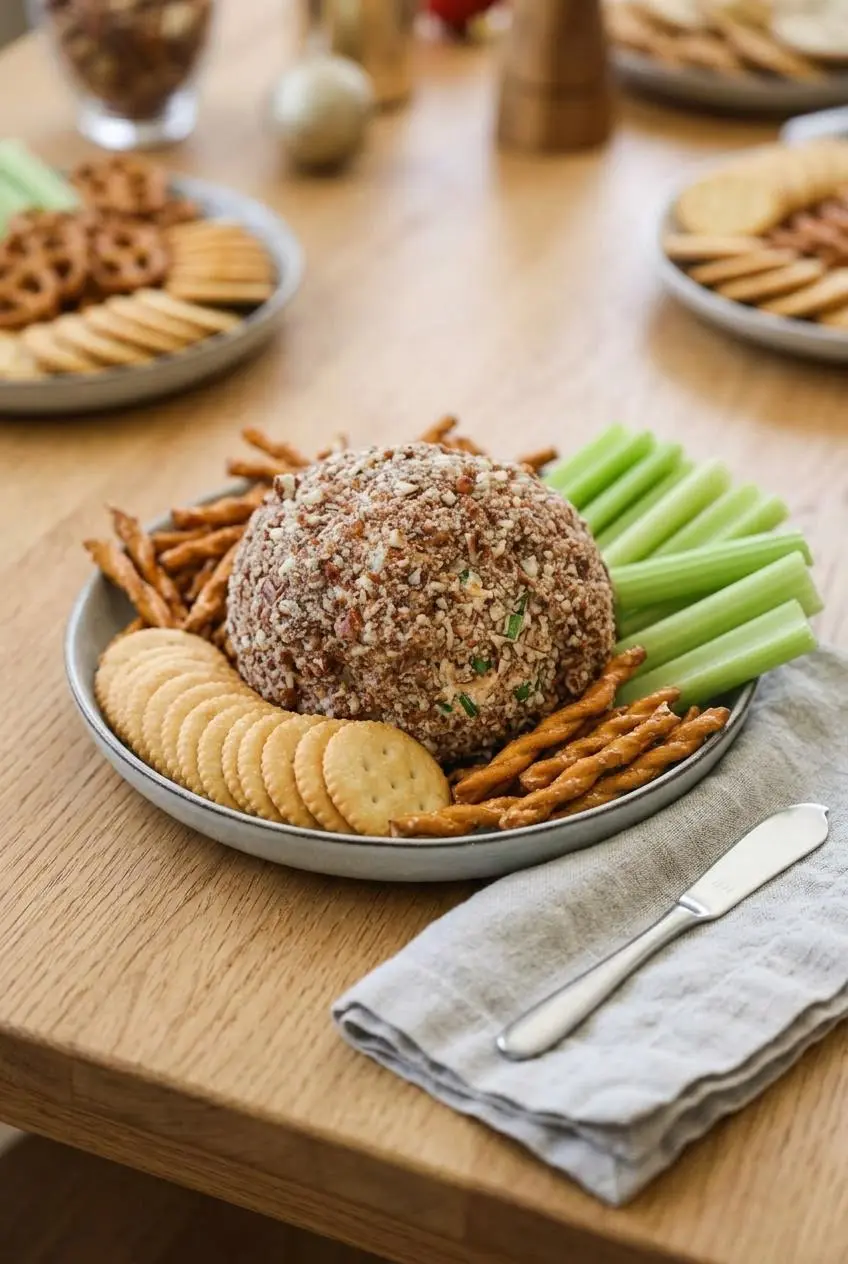 Appetizer platter with a pecan cheese ball, butter crackers, pretzel crisps, and celery sticks.