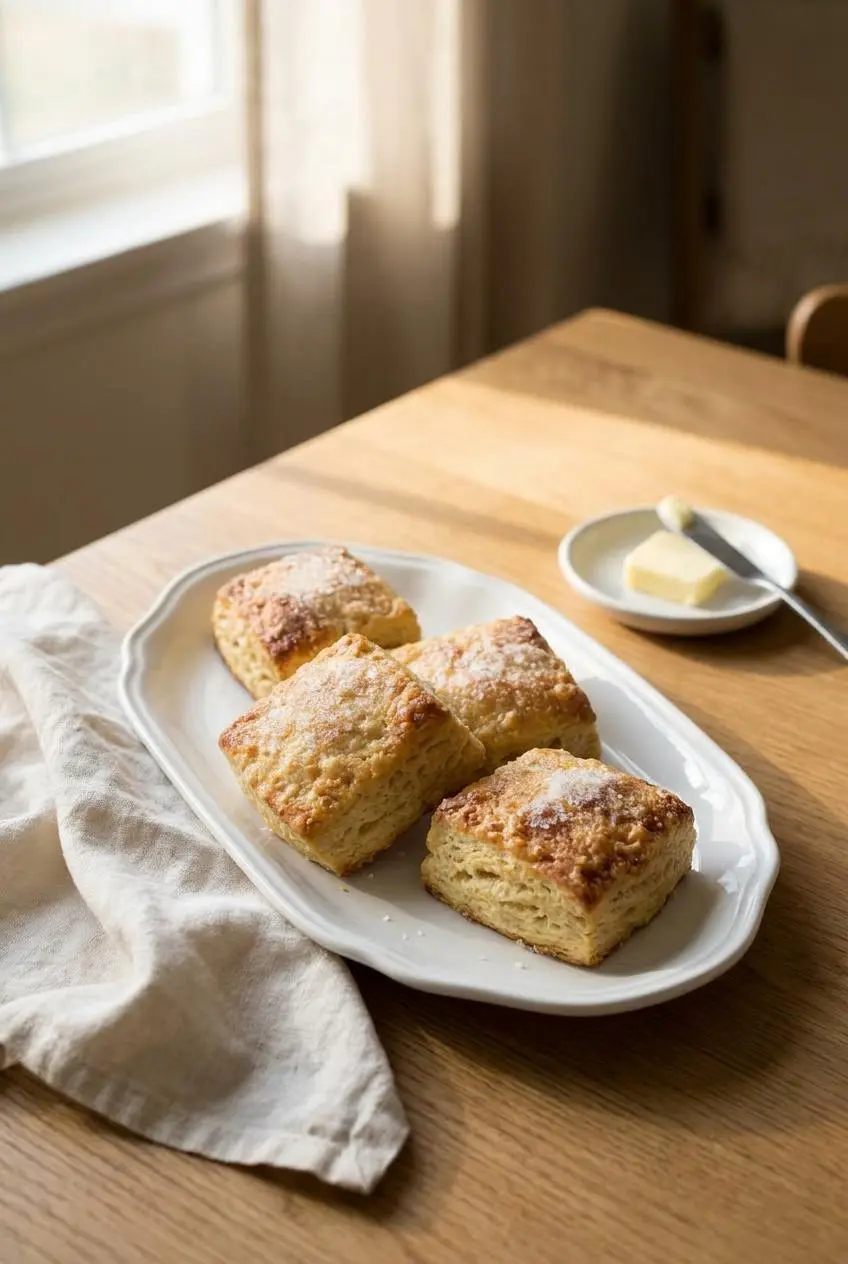 Three freshly baked square Irish butter scones on a white platter on a warm wooden dining table.