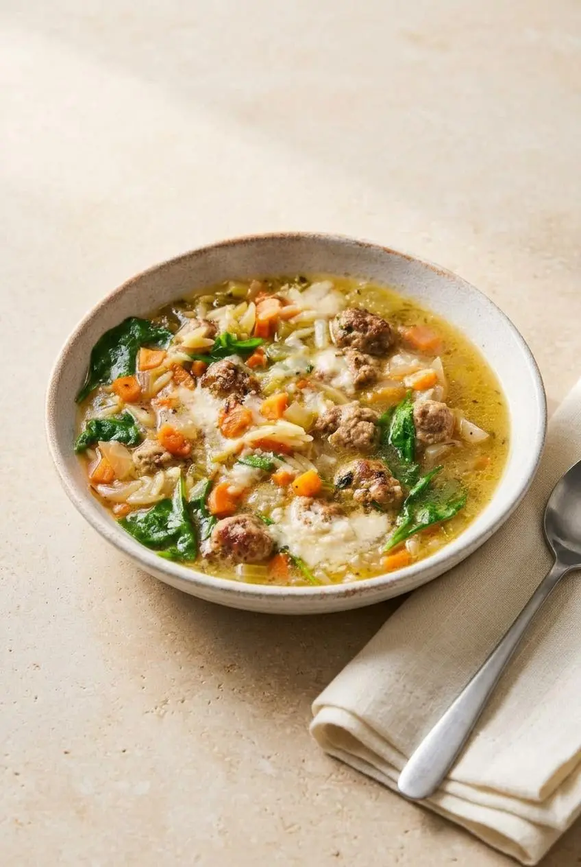 A warm, comforting bowl of Italian wedding soup topped with grated Parmesan on a light stone table.