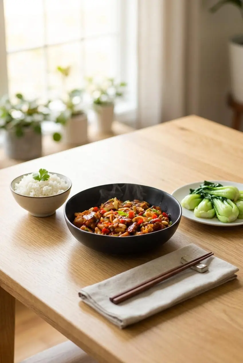 Kung pao chicken served in a ceramic bowl with steamed jasmine rice and sautéed baby bok choy.