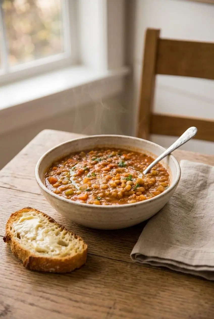Bowl of warm lentil soup garnished with parsley next to buttered sourdough bread on a wood table.