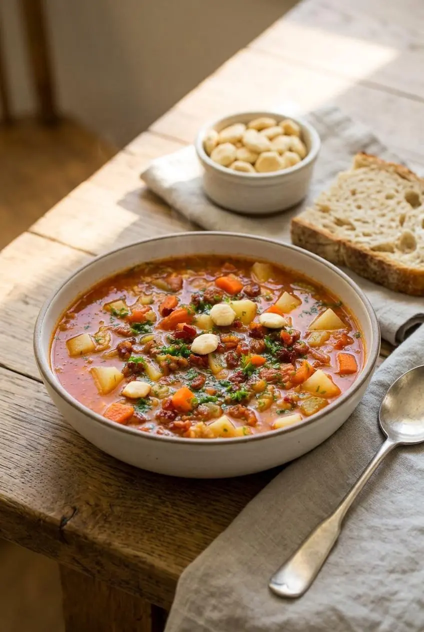Manhattan clam chowder served with crisp oyster crackers and crusty sourdough bread on a wooden dining table.