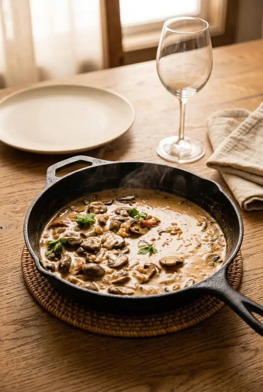 Warm skillet of mushroom marsala sauce served table-side with fresh parsley and dinner place setting