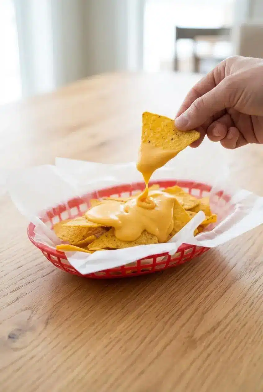 Salted corn tortilla chip dipped into a bowl of warm cheddar nacho cheese sauce.
