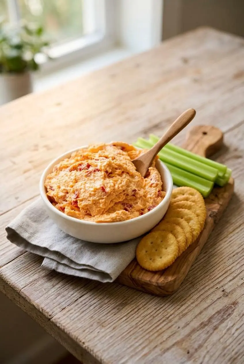 Ceramic bowl of creamy pimento cheese served on a wood table with golden round crackers and celery sticks.