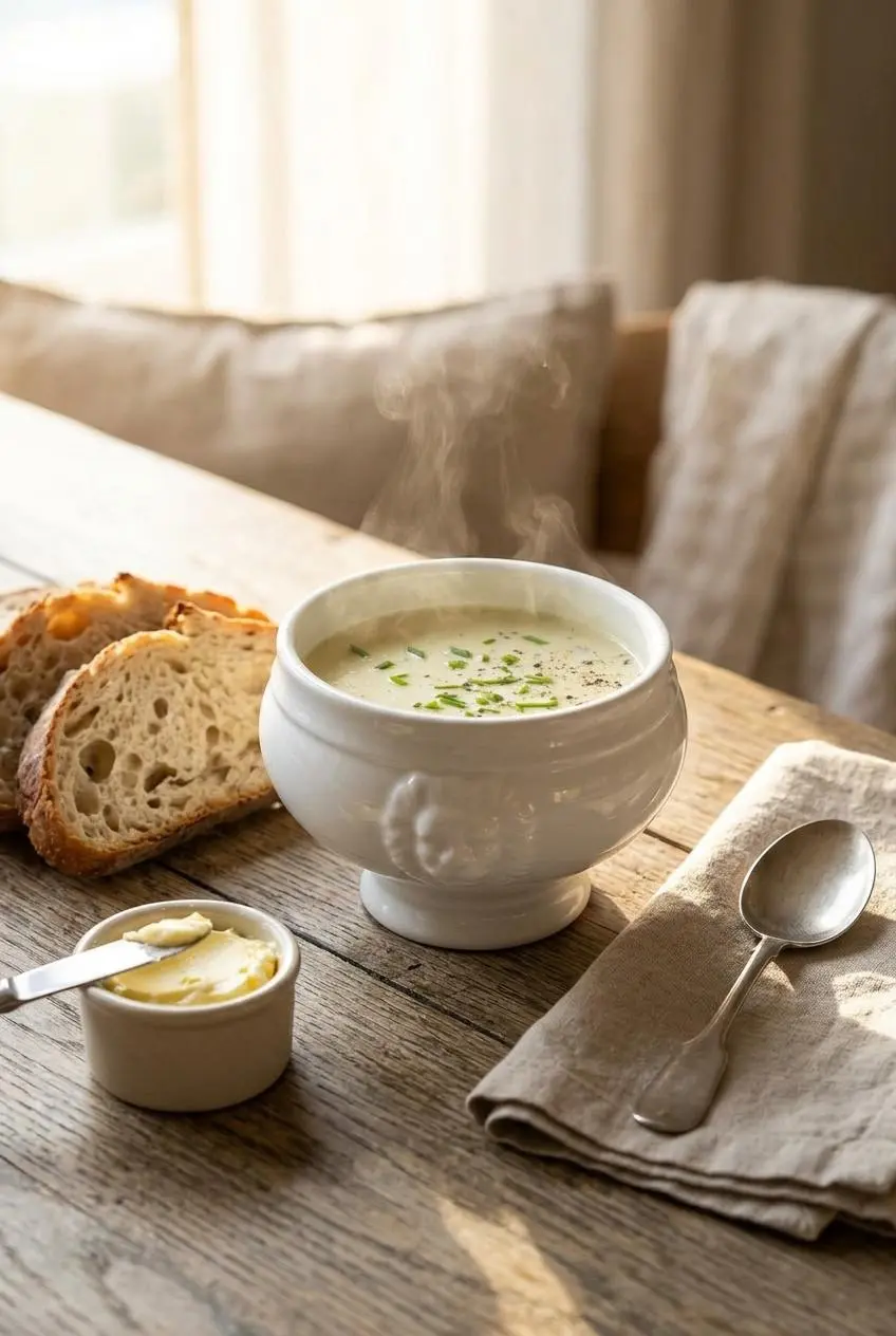 Bowl of potato leek soup served with crusty sourdough bread and butter on a wooden table.