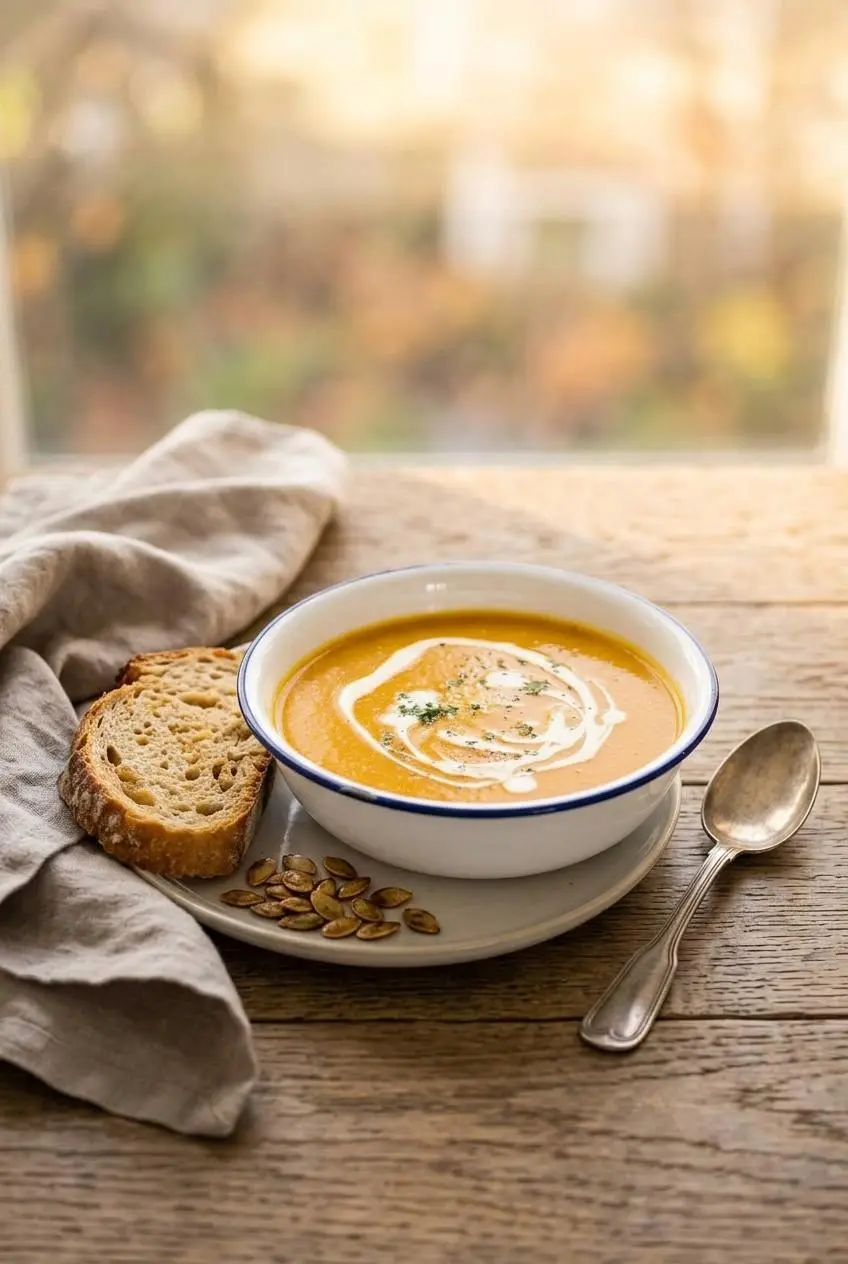 Bowl of warm pumpkin soup garnished with toasted pepitas and cream alongside sliced crusty sourdough bread.