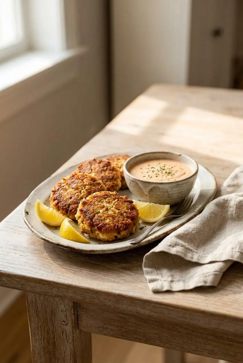 Remoulade sauce served in a bowl beside golden Maryland crab cakes and fresh lemon wedges.