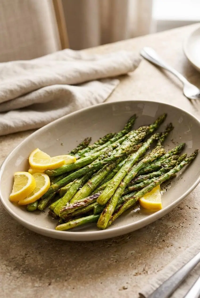 A platter of cooked green asparagus spears served with fresh lemon wedges on a rustic stone table.