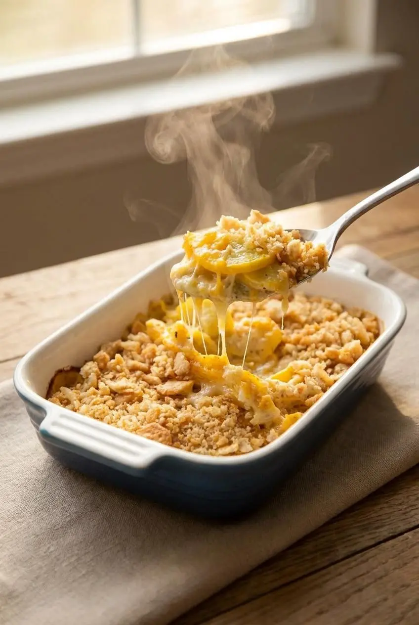 A serving spoon lifting a hot, steaming scoop of cheesy squash casserole from a white baking dish.