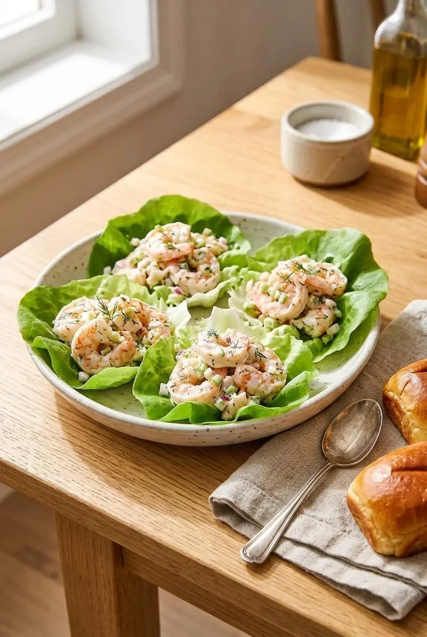 Chilled shrimp salad spooned into crisp green butter lettuce cups on a platter with toasted brioche rolls.