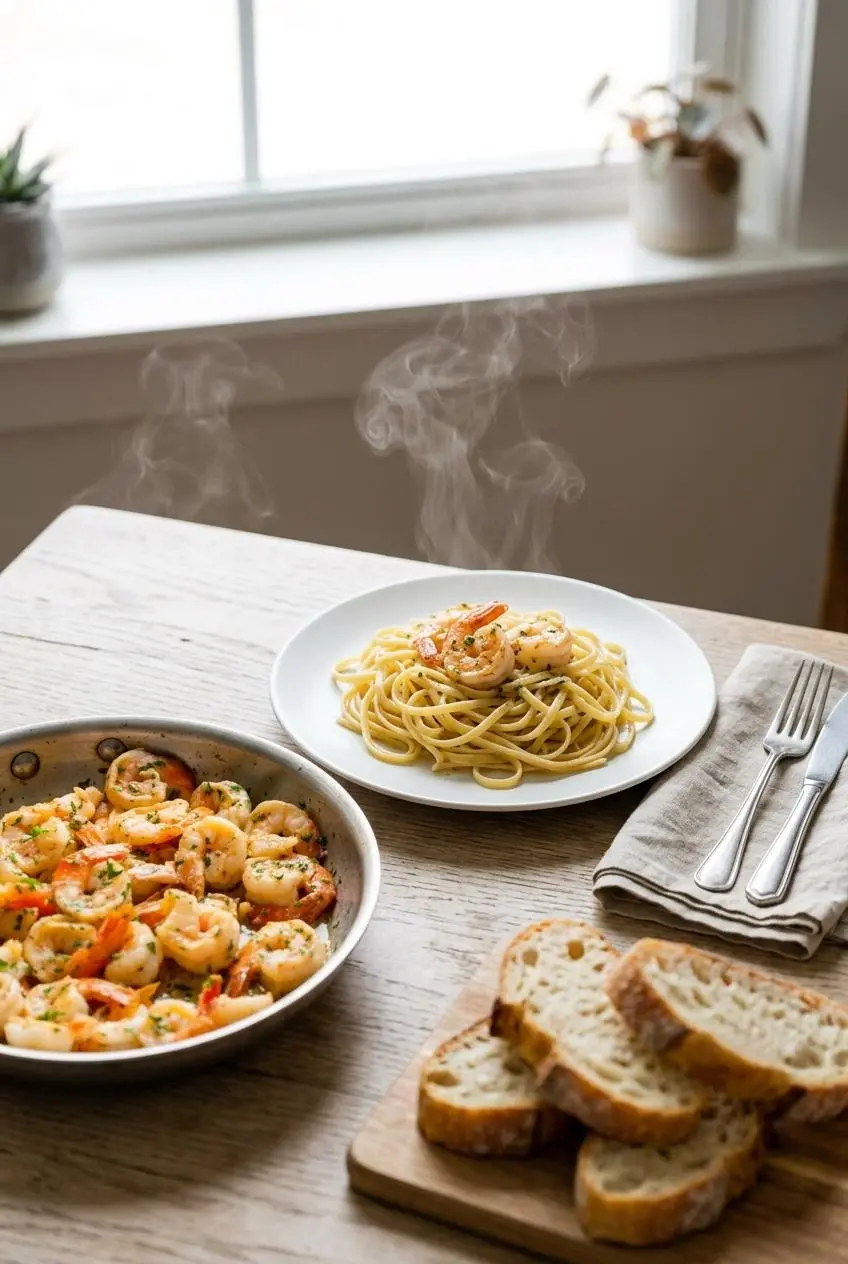 Skillet of garlic butter shrimp scampi served with al dente linguine pasta and crusty dipping bread.