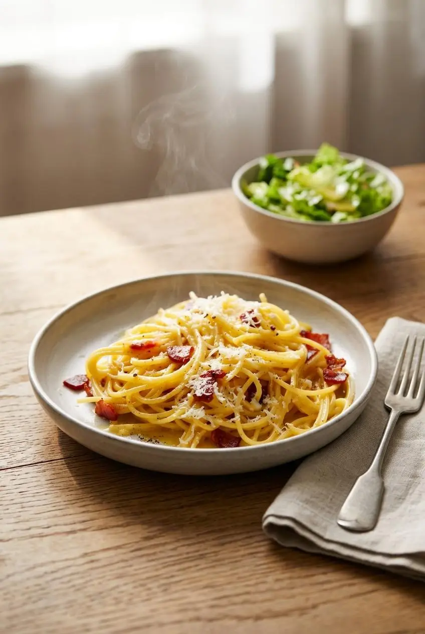 Warm bowl of steaming spaghetti carbonara served on a rustic wooden table with a side salad.
