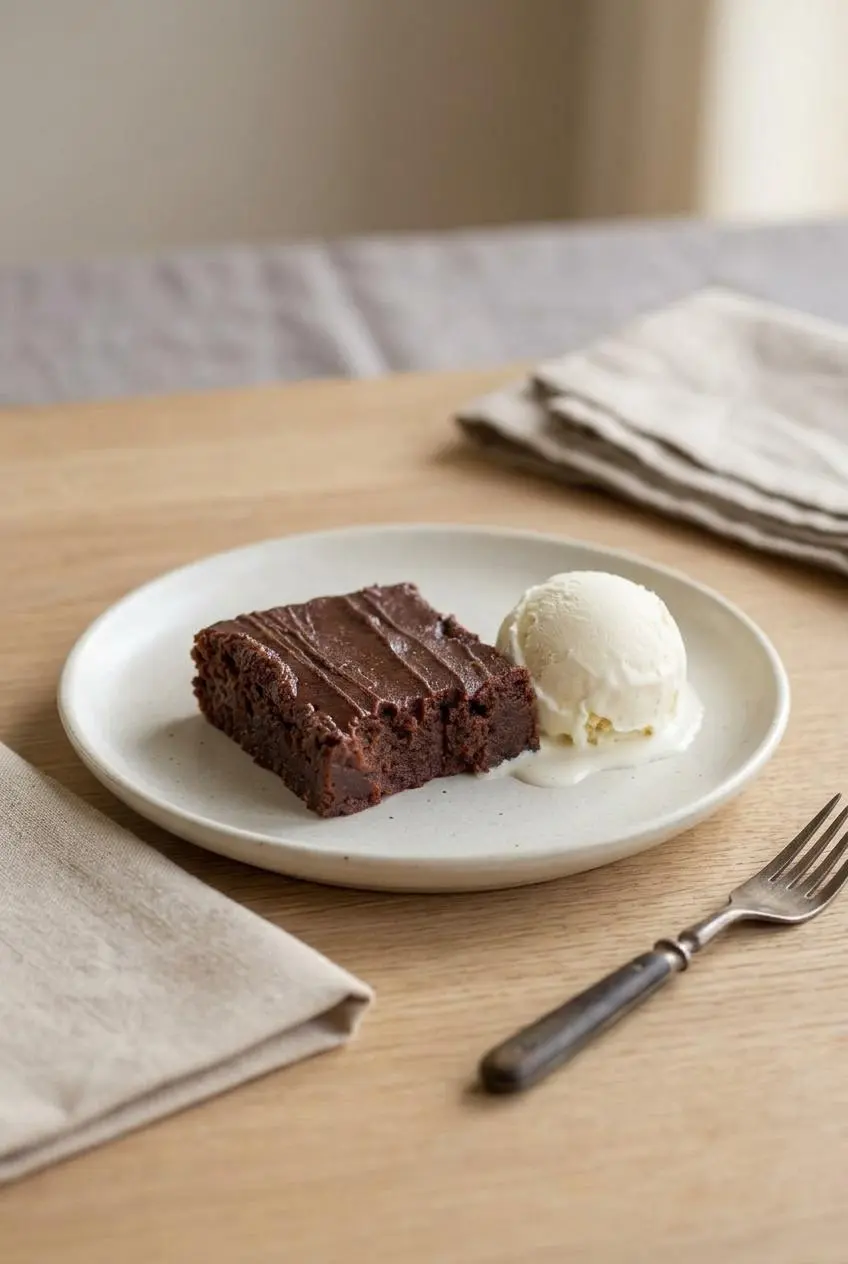 Sweet potato brownie served on a ceramic plate paired with a melting scoop of vanilla ice cream