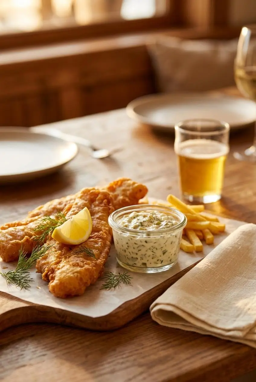 A small glass dish of creamy tartar sauce next to hot golden beer-battered fish fillets and a lemon wedge.