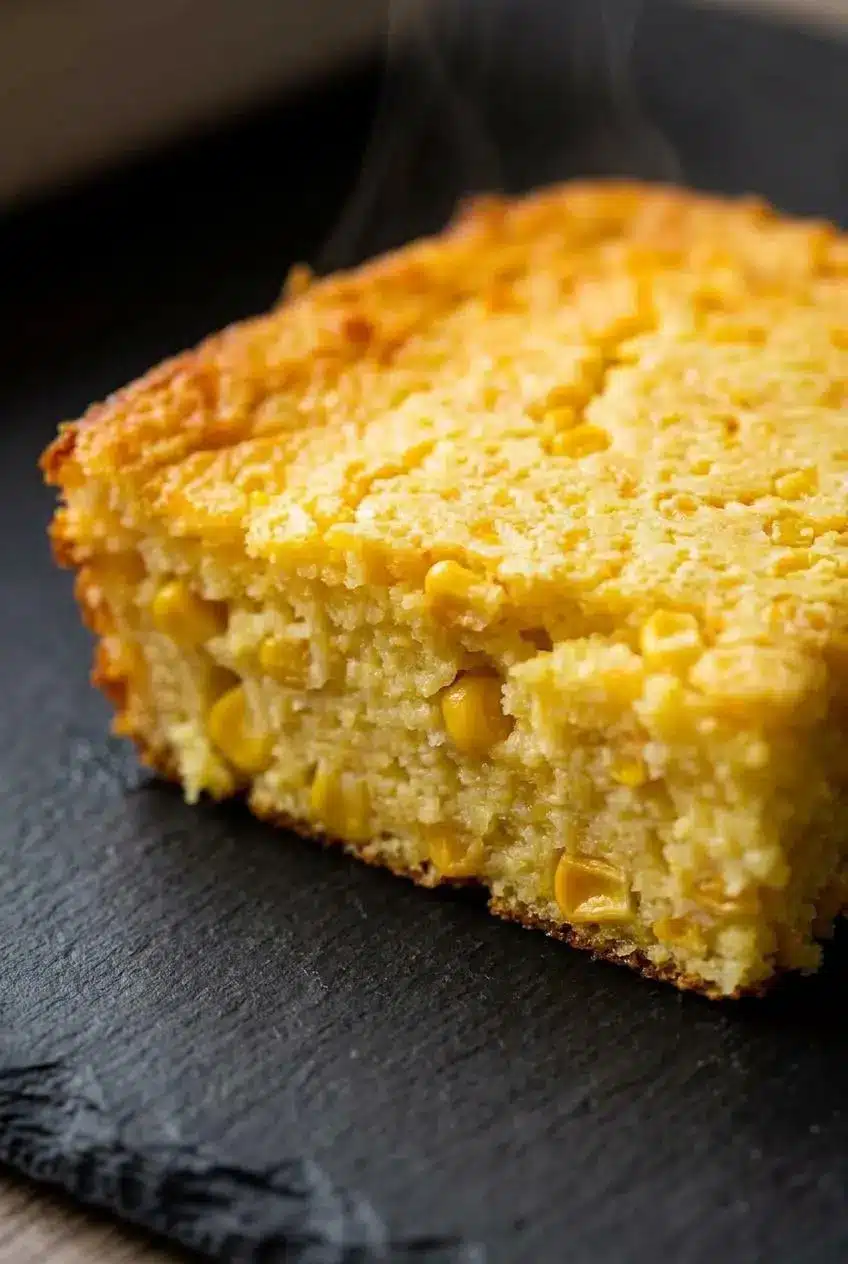 Macro shot of a sliced portion of golden corn casserole showcasing a perfectly set, moist crumb and sweet corn kernels.