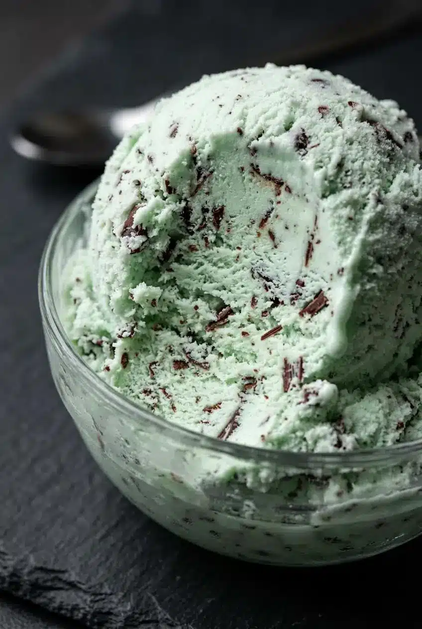 Macro close-up of finely shaved semi-sweet chocolate flecks inside churned mint ice cream.