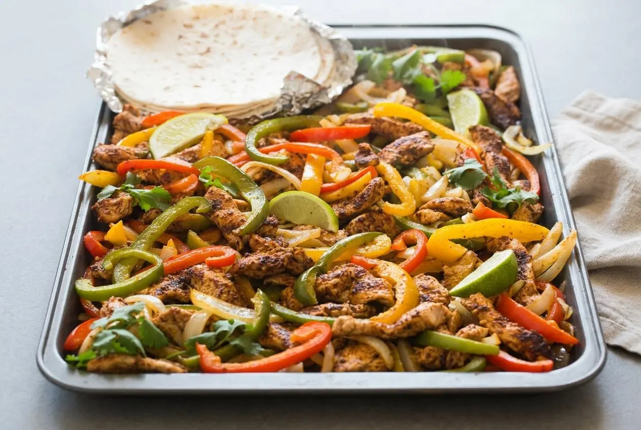 Sizzling sheet pan chicken fajitas recipe featuring tender roasted chicken, caramelized bell peppers, and charred onions.