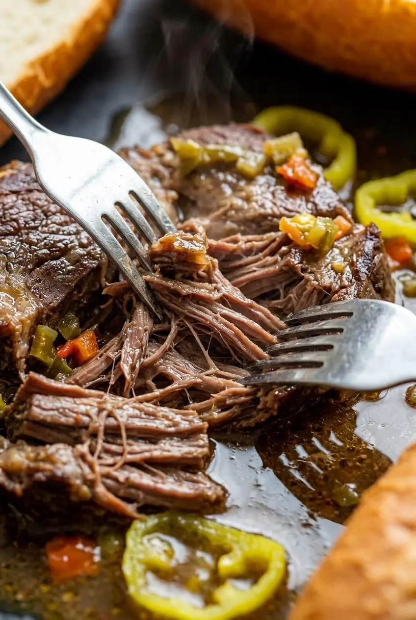 Two forks shredding tender slow-cooked beef chuck roast inside rich au jus with pepperoncini slices.