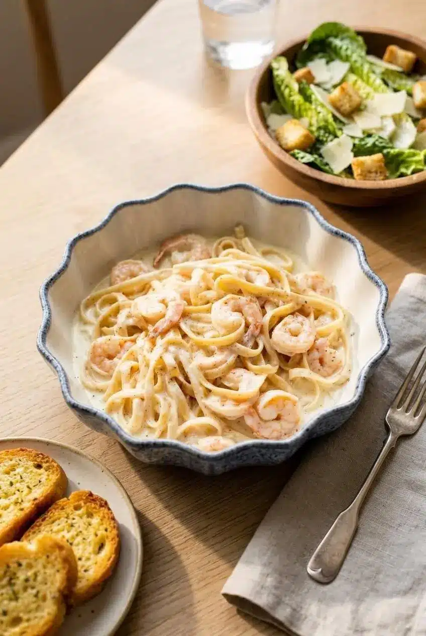 Plated shrimp alfredo served on a dining table with toasted garlic bread and a fresh Caesar salad.