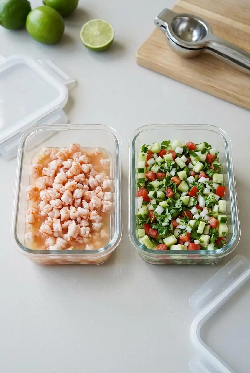 Glass prep containers separating lime-marinated shrimp from chopped vegetables for make-ahead storage.