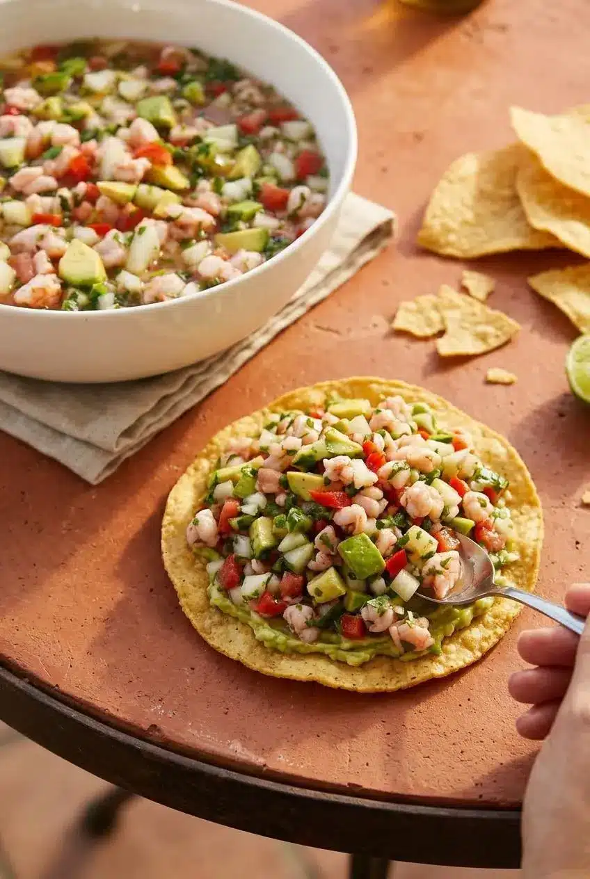 Crisp corn tostada topped with mashed avocado and a generous scoop of shrimp ceviche beside tortilla chips.