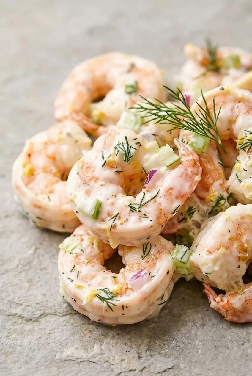 Close-up of poached pink shrimp coated in thick lemon-dill dressing with minced red onion and celery.
