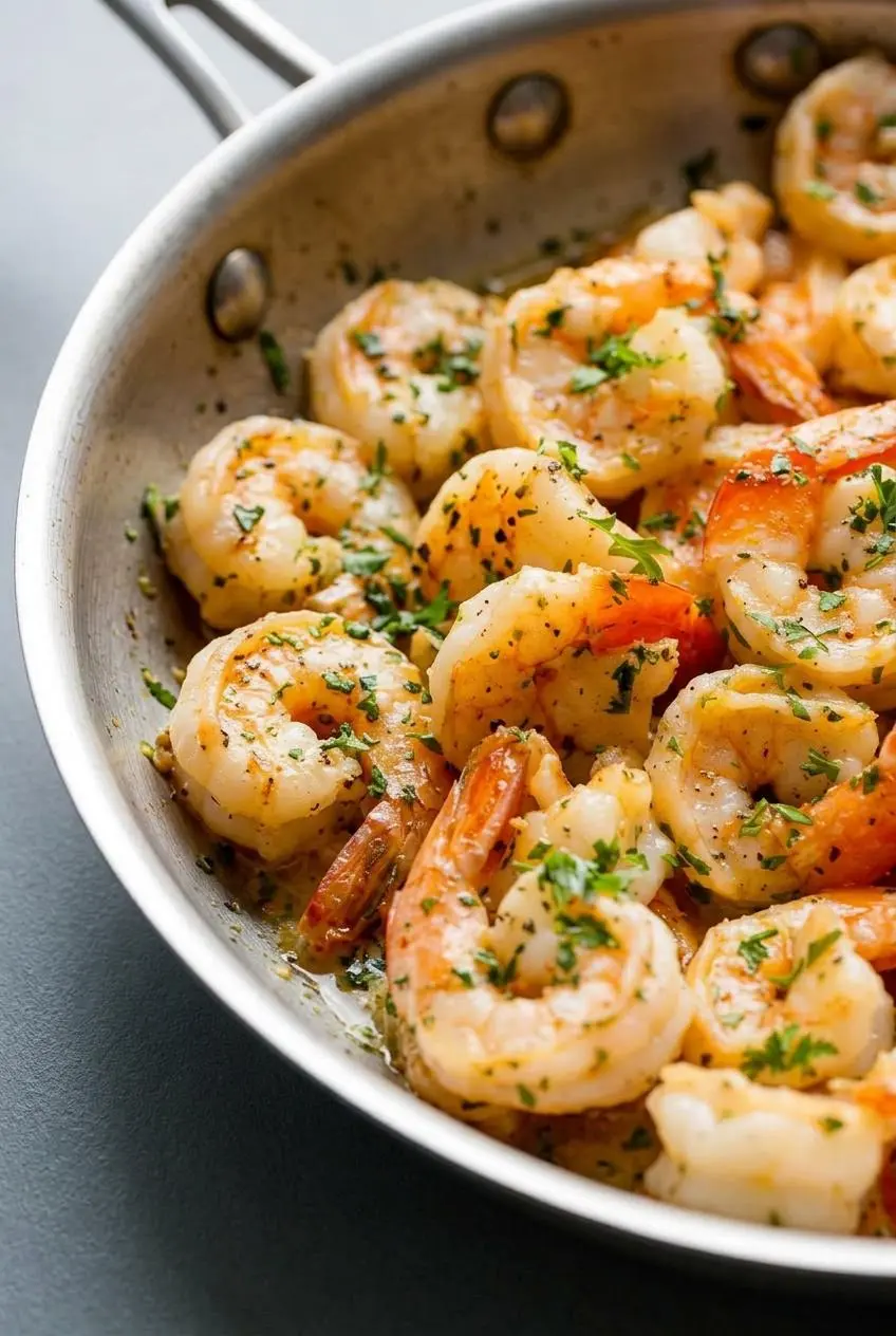Close up of tender C-shaped seared shrimp glistening in an emulsified garlic butter and herb pan sauce.