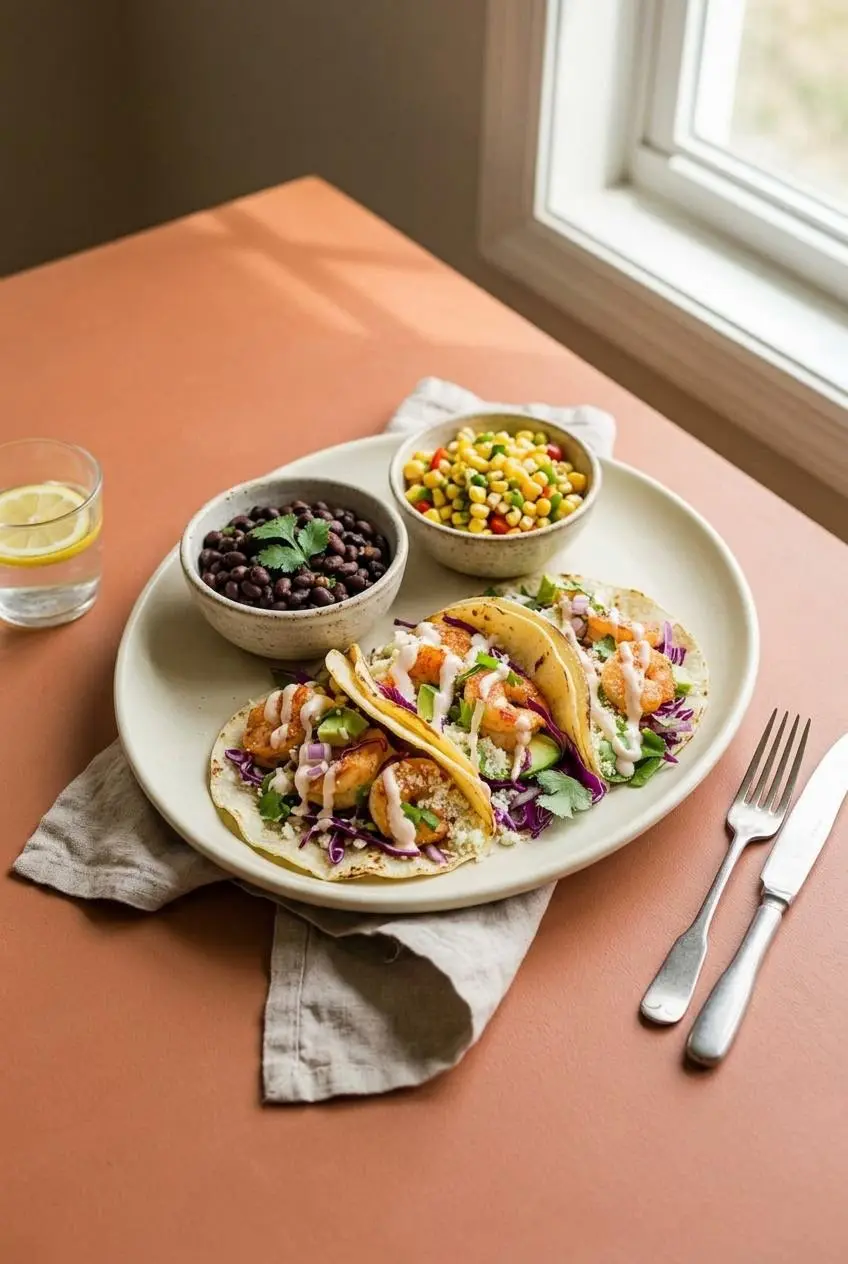 Platter of shrimp tacos served alongside bowls of black beans and fresh corn salad on a terracotta tabletop.