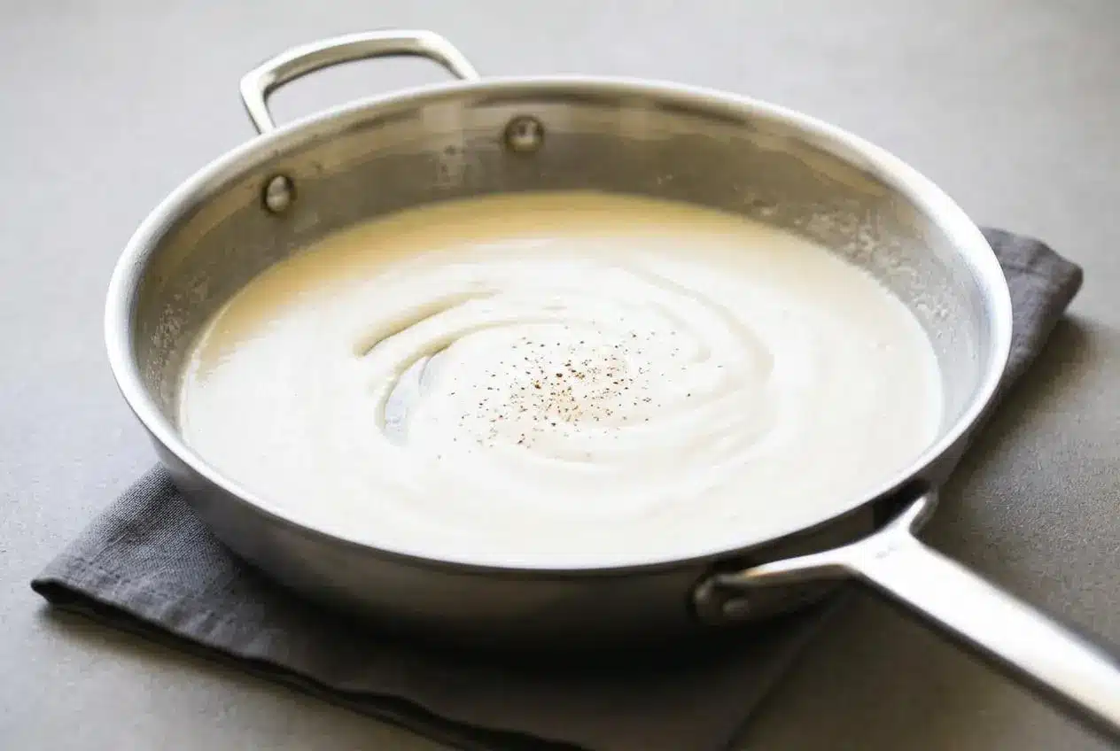 Silky bechamel sauce poured into a ceramic serving dish, highlighting its creamy and smooth texture.