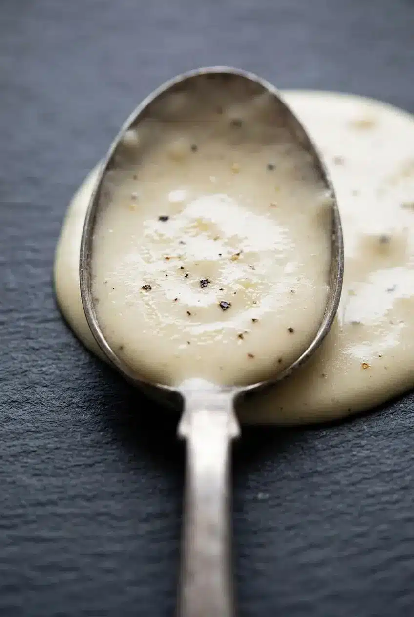 Smooth, lump-free Alfredo sauce coating the back of a spoon showing a velvety emulsion.
