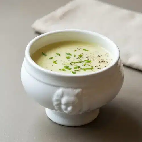 Silky bowl of potato leek soup garnished with fresh chives and a cream swirl.