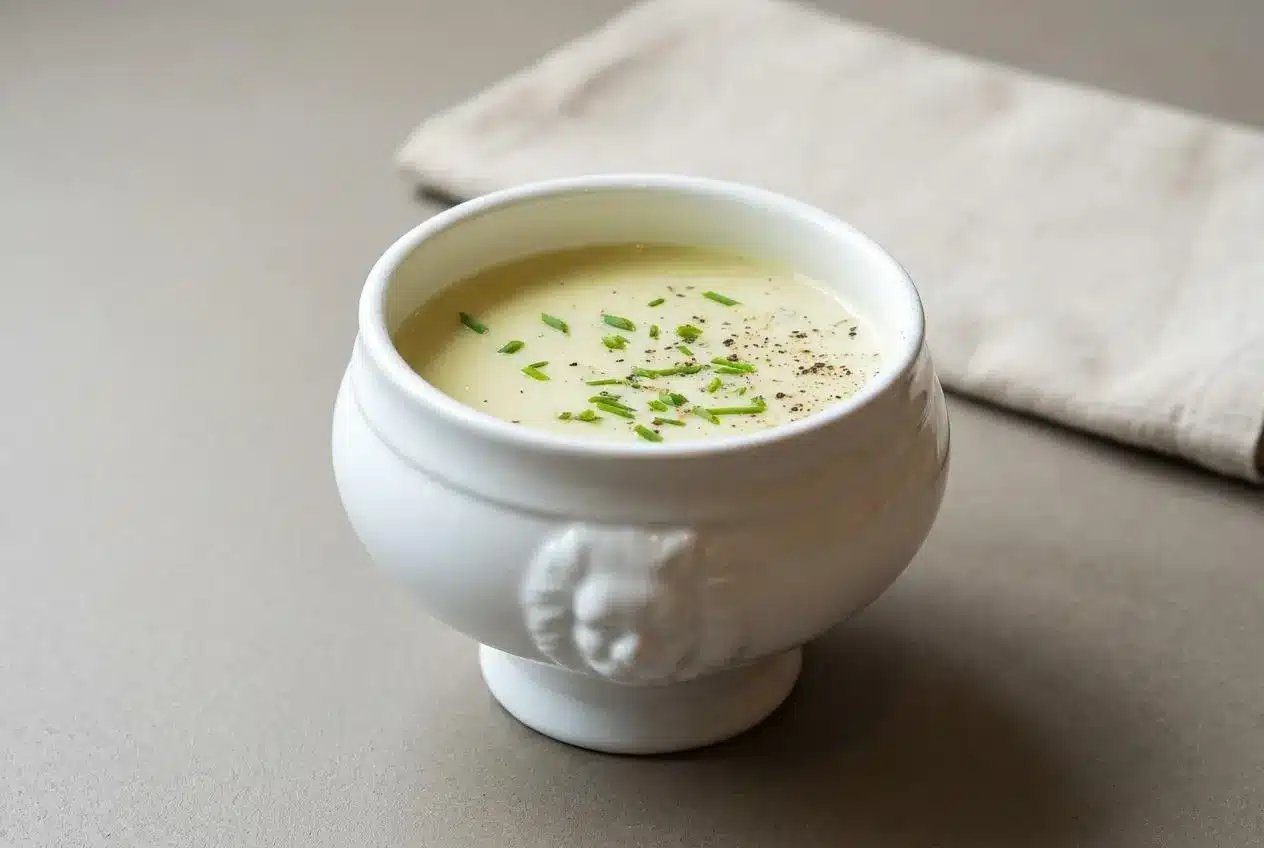 Silky bowl of potato leek soup garnished with fresh chives and a cream swirl.
