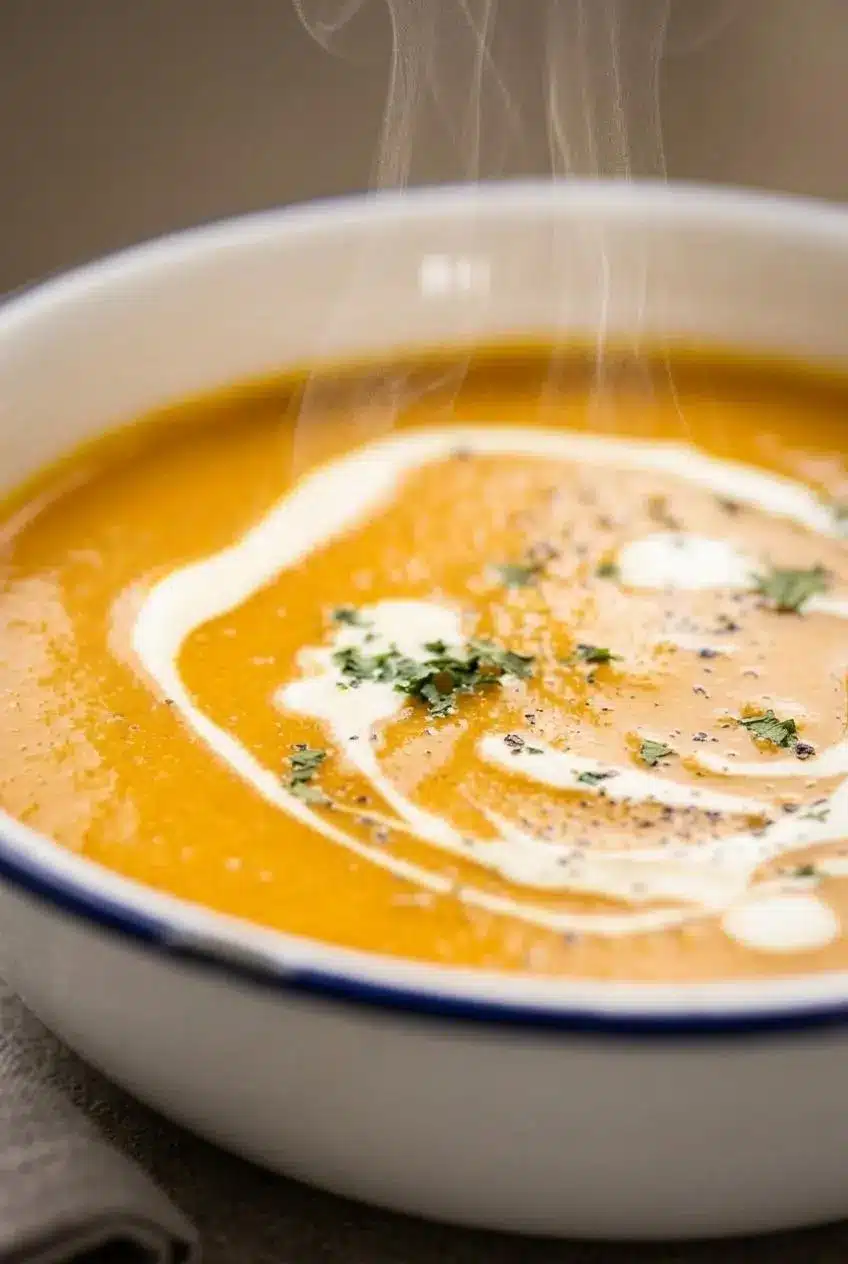 Close up of velvety orange soup puree blended smooth with swirls of heavy cream and cracked black pepper.