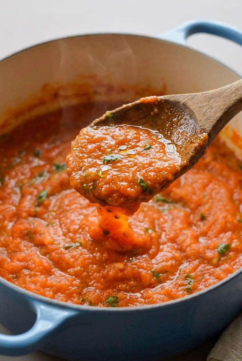 Wooden spoon lifting a thick ribbon of velvety red tomato sauce with fresh basil
