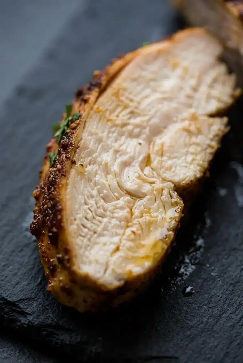 Sliced baked chicken breast showing juicy muscle fibers and golden seasoned crust.