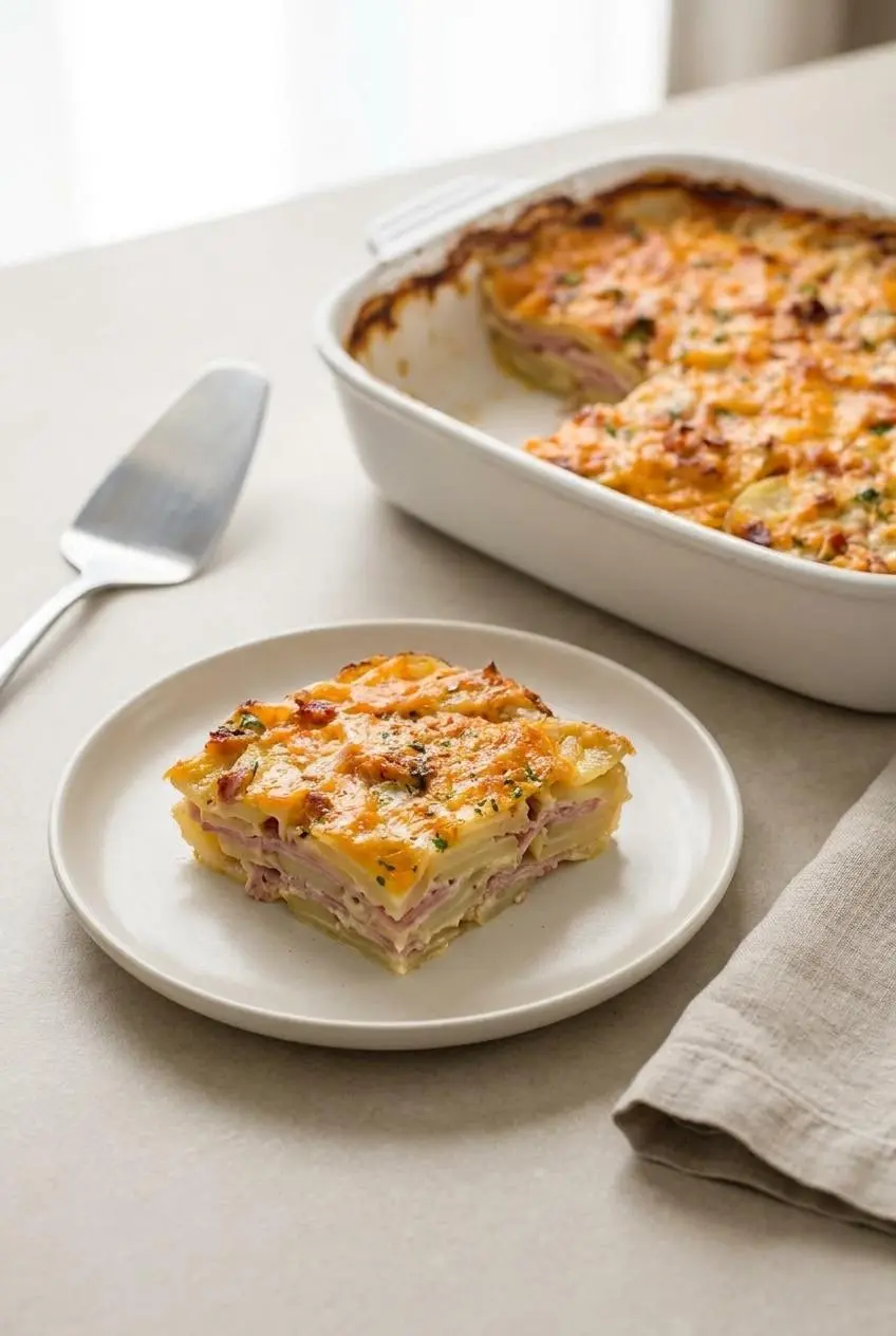 A square slice of scalloped potatoes and ham showing defined, clean layers on a ceramic plate.