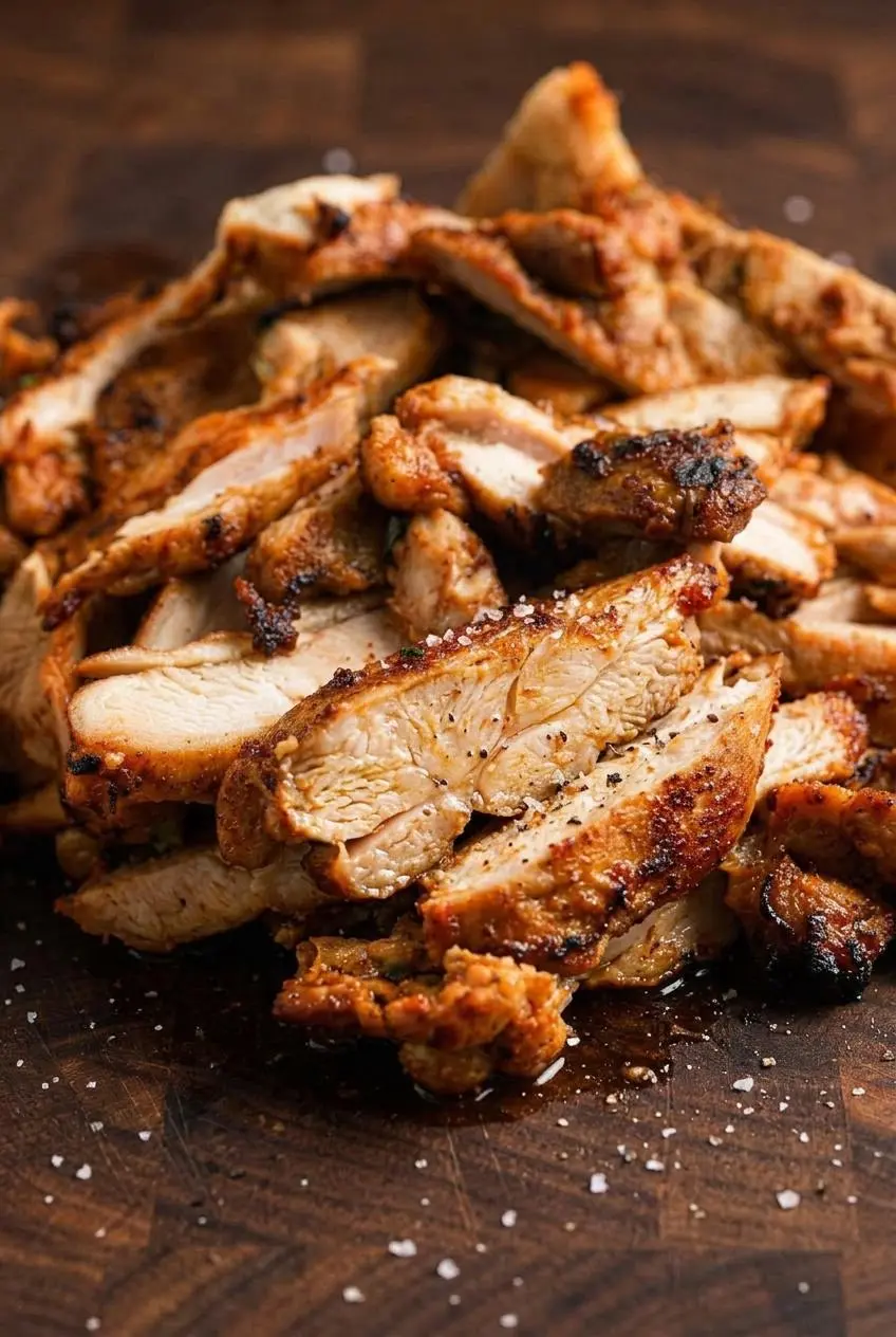 Thick slices of rested chipotle chicken thighs on a wooden board showing juicy meat and charred edges.