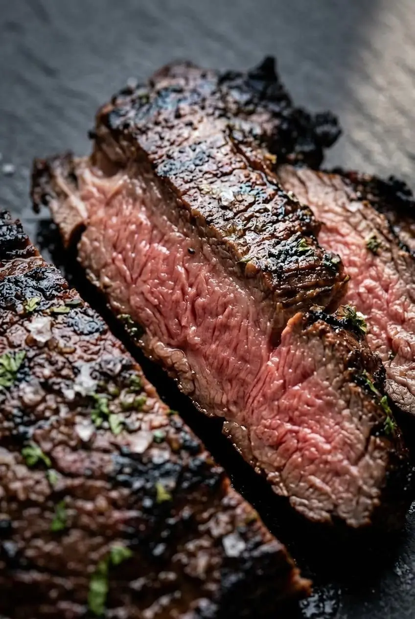 Close-up of medium-rare flank steak sliced thinly at an angle across the grain.