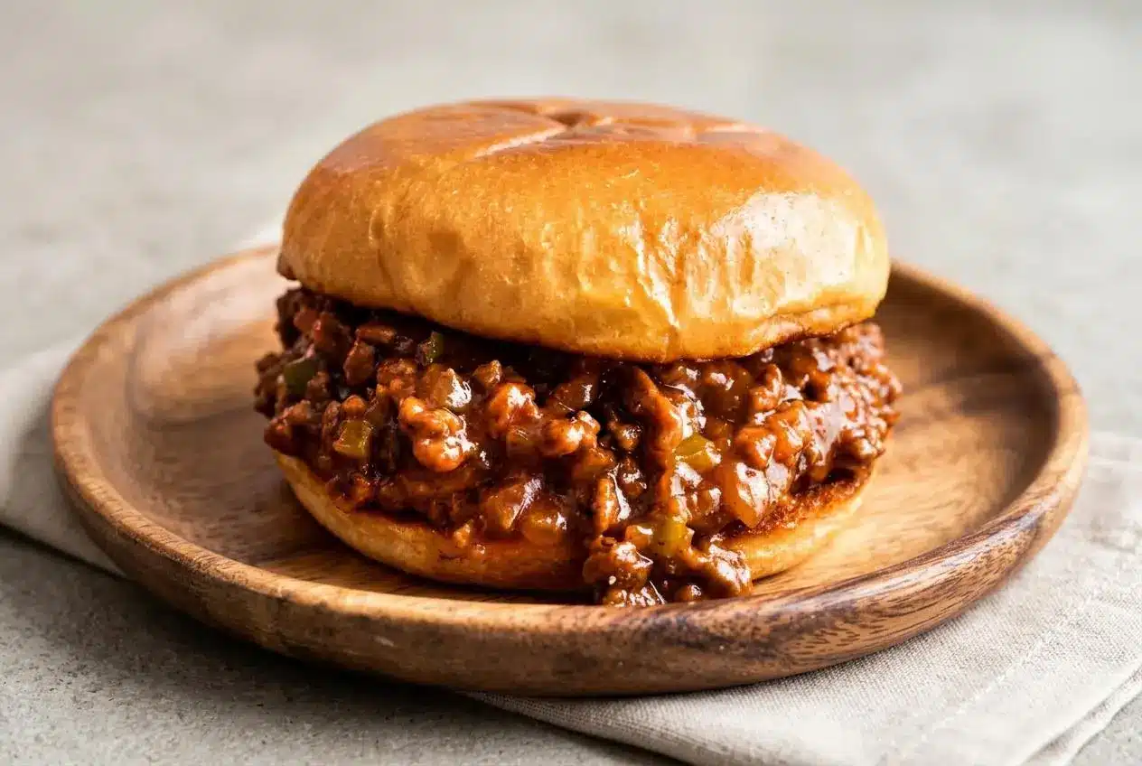 Sloppy Joes recipe sandwich with glossy savory ground beef on a toasted bun.