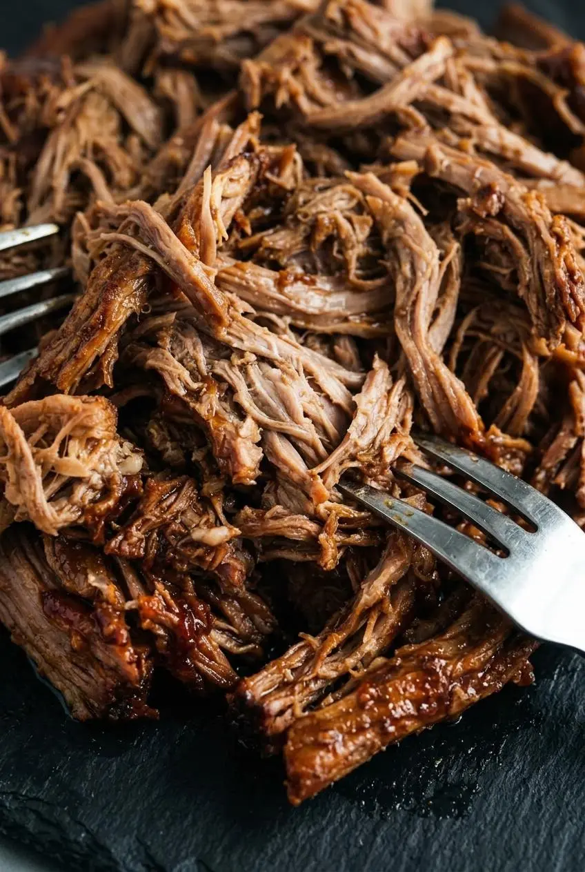 Close up of tender shredded pork strands with caramelized bark and barbecue glaze resting beside two forks.