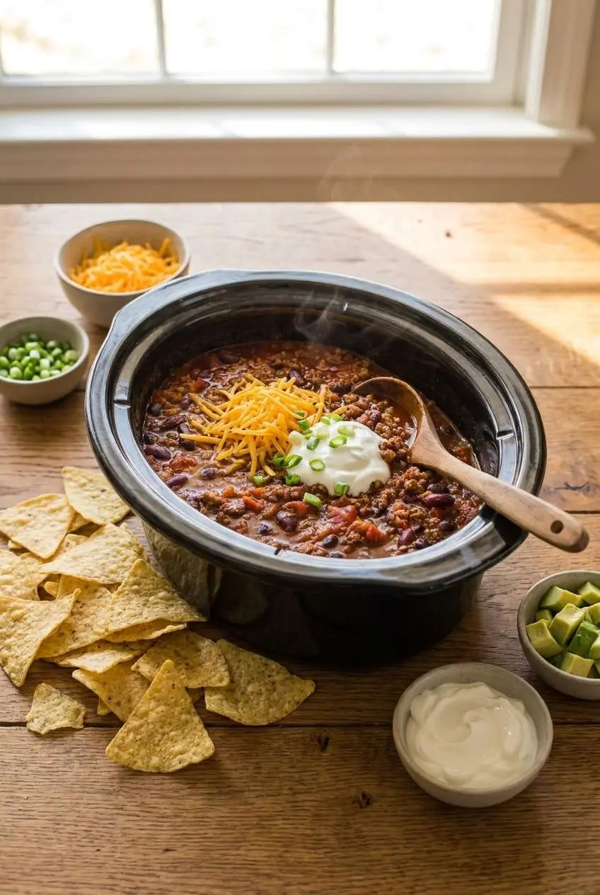 Slow cooker chili garnished with sour cream, cheddar cheese, and green onions, served with tortilla chips.