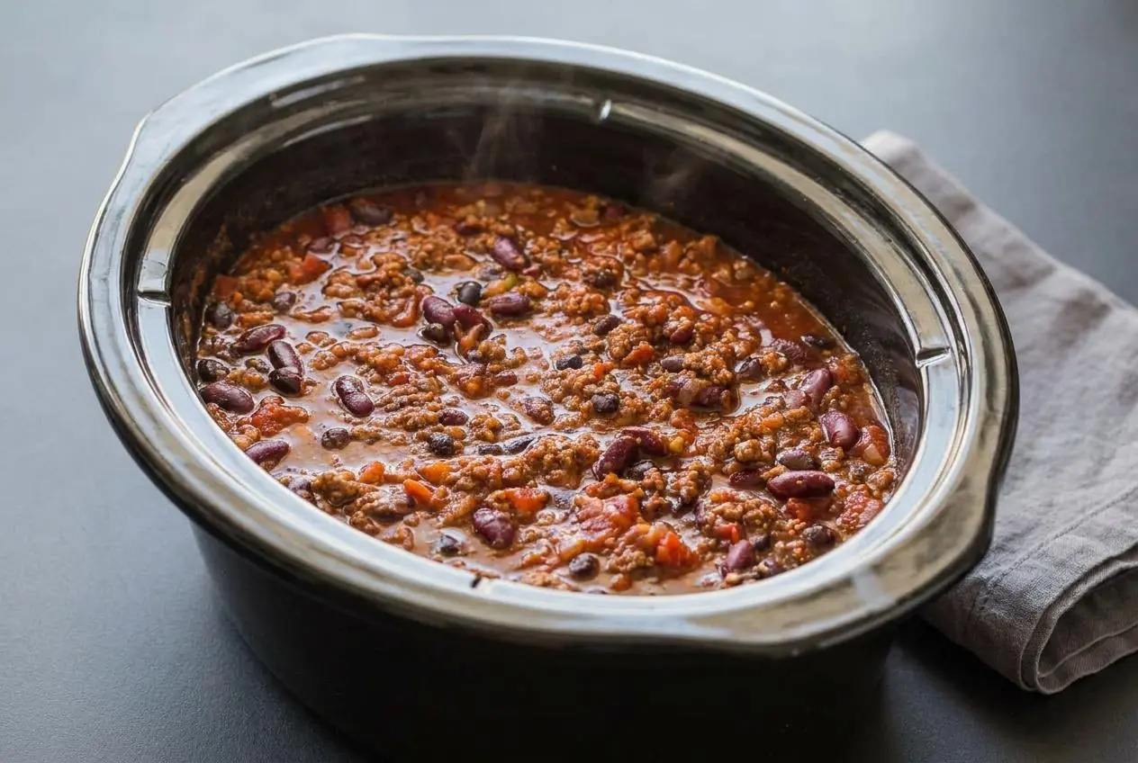 Thick slow cooker chili recipe with ground beef, kidney beans, and black beans in a rich tomato broth.