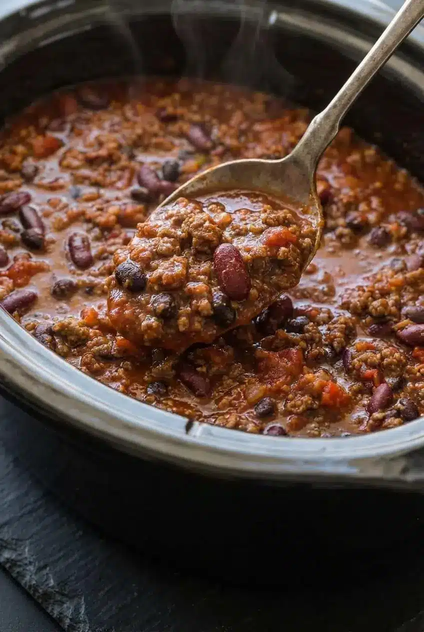 Spoonful of thick beef and bean chili showing its rich, velvety texture over a dark slate background.