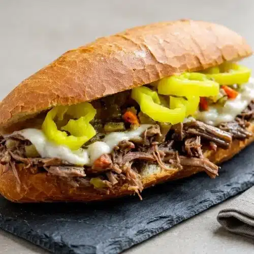Juicy slow cooker Italian beef sandwich piled high on a crusty roll with melted provolone and spicy giardiniera.