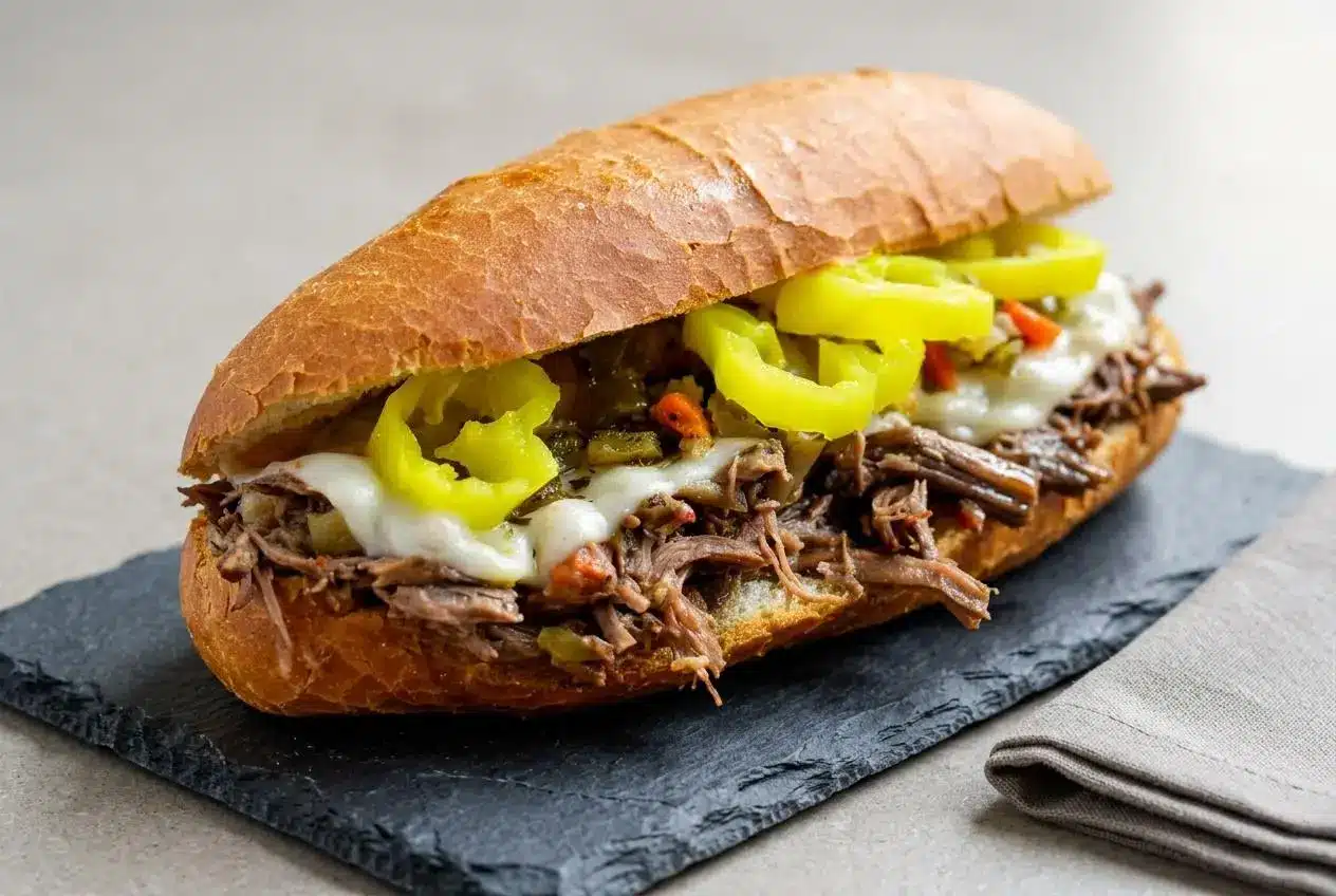 Juicy slow cooker Italian beef sandwich piled high on a crusty roll with melted provolone and spicy giardiniera.