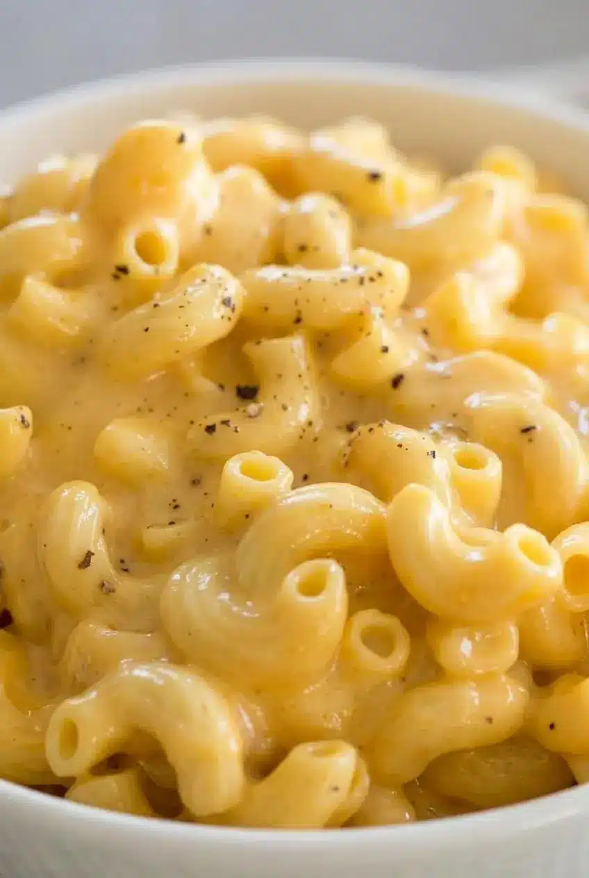 Close up of creamy elbow pasta coated in thick melted cheese sauce with cracked black pepper.